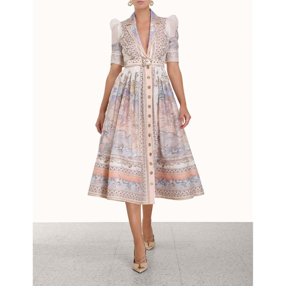 High Tide Map Odyssey Print Shirt Midi Dress | Size 1